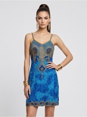 Vintage 90s Silk Beaded Sequin Prom Dress S Blue Ombre Gold mini Unbranded